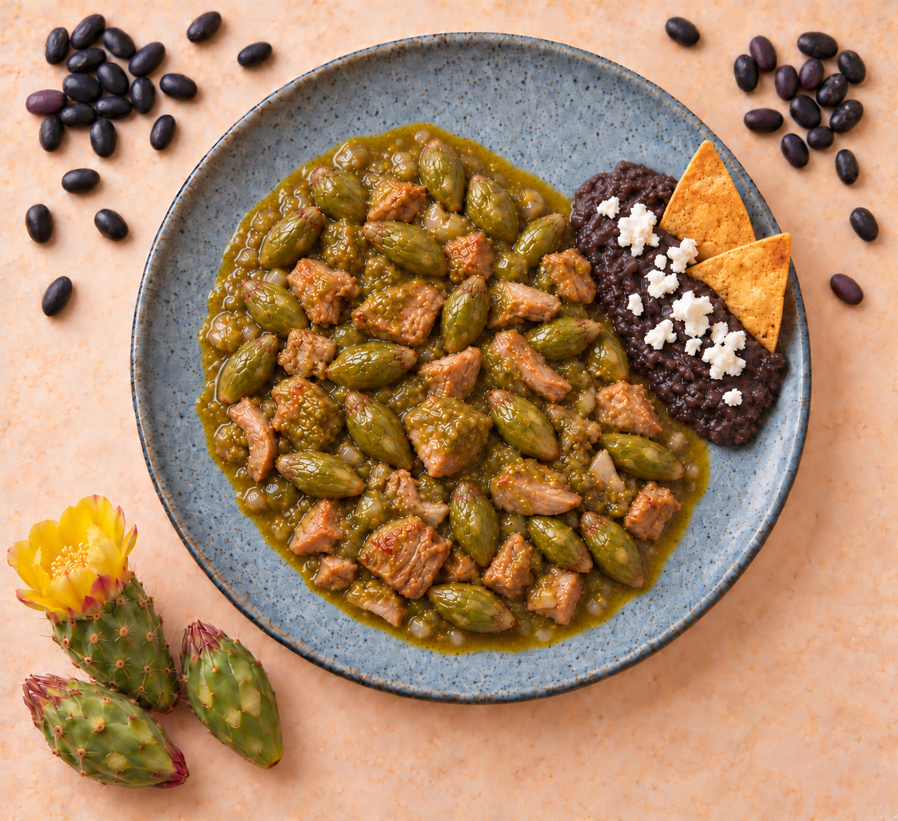 Flores de nopal con carne de puerco en salsa verde